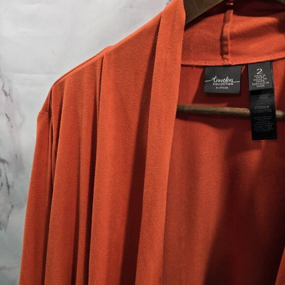 Chicos Cardigan Womens Large Orange Suede Perforated Topper Ruana Stretch - Picture 2 of 13